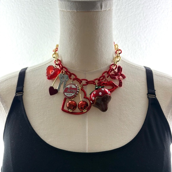 🍓 Betsey Johnson Cherry Bomb Charm Necklace – Red & Gold Statement 💋 - Picture 3 of 12